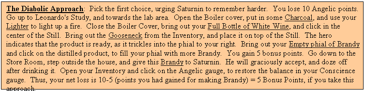 Text Box: The Diabolic Approach:  Pick the first choice, urging Saturnin to remember harder.  You lose 10 Angelic points.  Go up to Leonardo's Study, and towards the lab area.  Open the Boiler cover, put in some Charcoal, and use your Lighter to light up a fire.  Close the Boiler Cover, bring out your Full Bottle of White Wine, and click in the center of the Still.  Bring out the Gooseneck from the Inventory, and place it on top of the Still.  The hero indicates that the product is ready, as it trickles into the phial to your right.  Bring out your Empty phial of Brandy and click on the distilled product, to fill your phial with more Brandy.  You gain 5 bonus points.  Go down to the Store Room, step outside the house, and give this Brandy to Saturnin.  He will graciously accept, and doze off after drinking it.  Open your Inventory and click on the Angelic gauge, to restore the balance in your Conscience gauge.  Thus, your net loss is 10-5 (points you had gained for making Brandy) = 5 Bonus Points, if you take this approach.